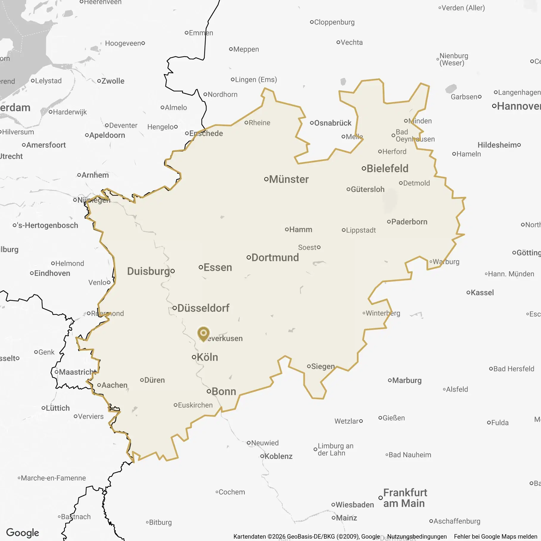 Karte der Curano-Region Rhein-Ruhr mit ihrer Regionsgrenze.